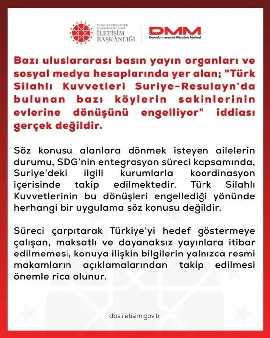 Dezenformasyonla Mücadele Merkezi'nden TSK'nın Suriye'deki Köy Sakinlerinin Dönüşünü Engellediği İddialarına Yalanlama