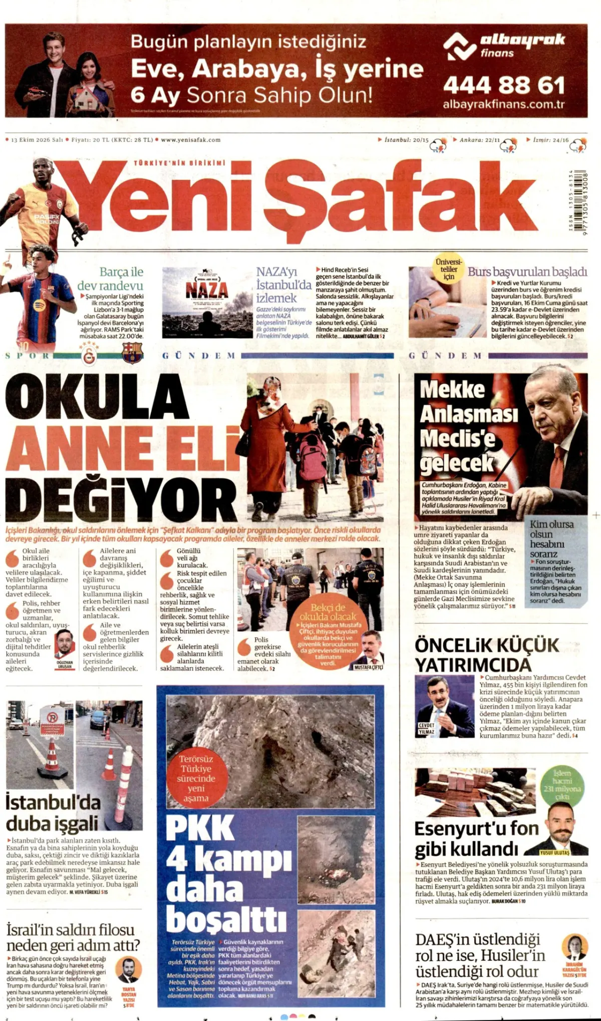 Yeni Şafak birinci sayfa manşeti (14 Ekim 2026)