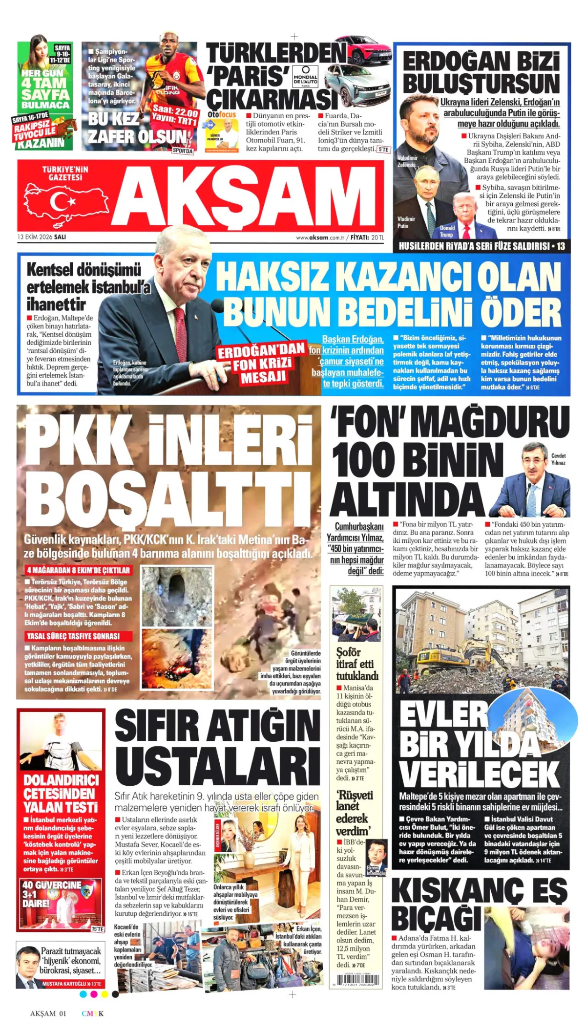 Akşam birinci sayfa manşeti (14 Ekim 2026)