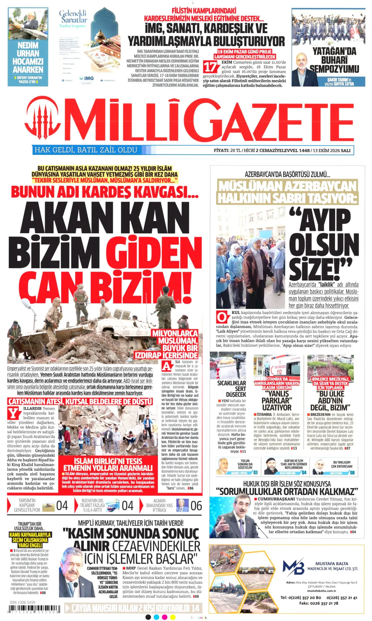 Milli birinci sayfa manşeti (14 Ekim 2026)