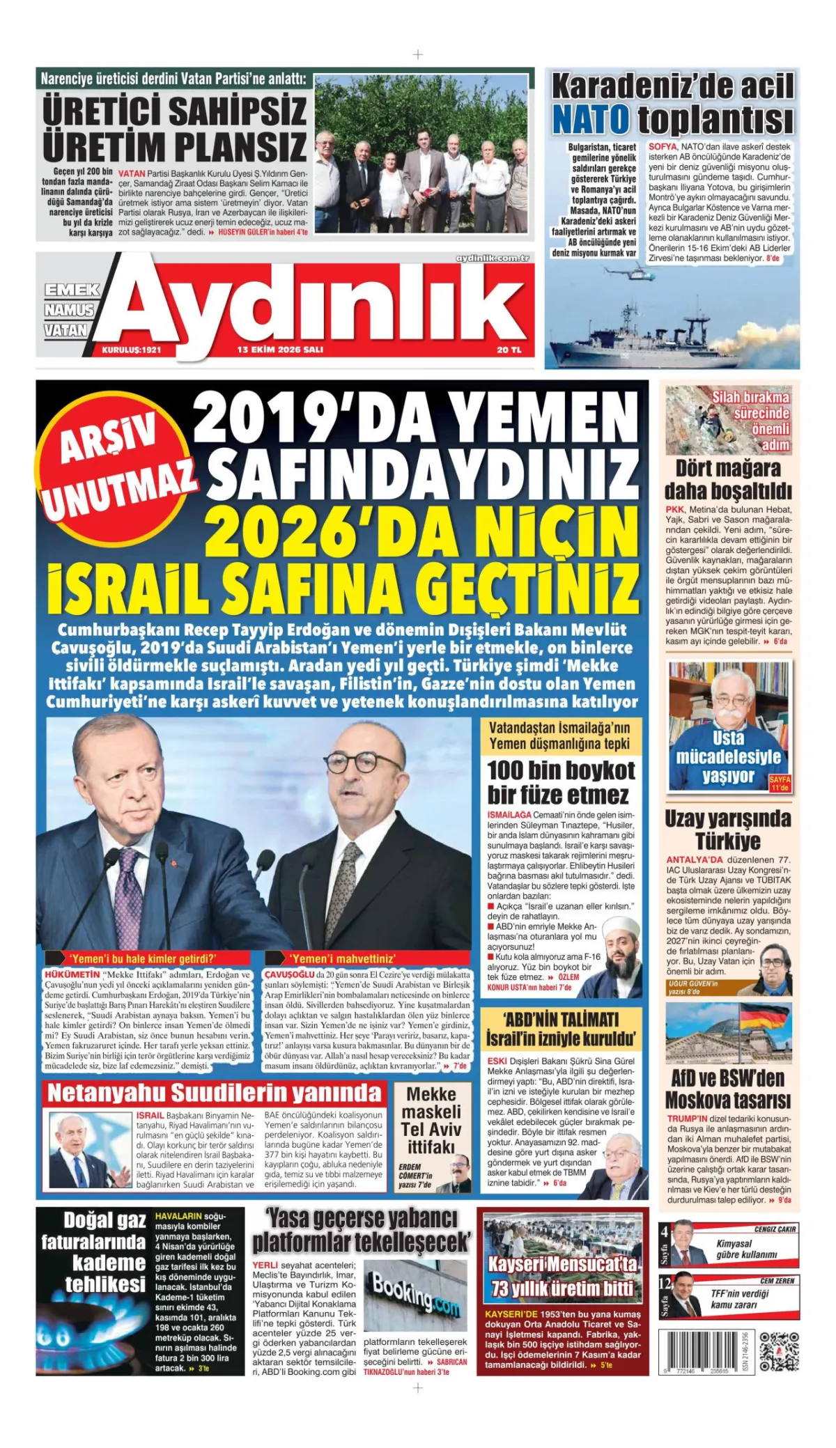 Aydınlık birinci sayfa manşeti (14 Ekim 2026)