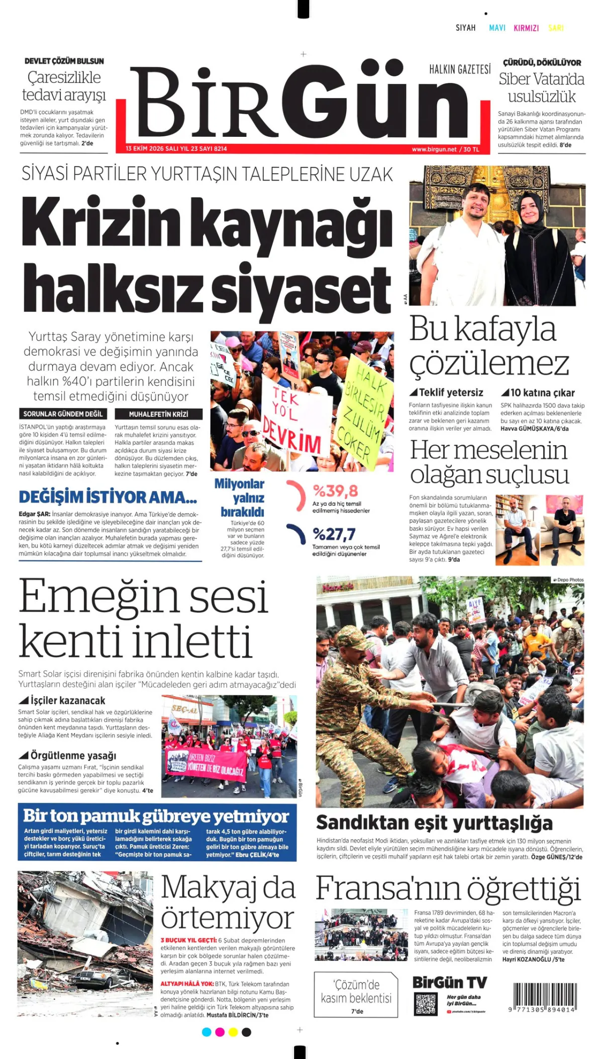 BirGün birinci sayfa manşeti (14 Ekim 2026)