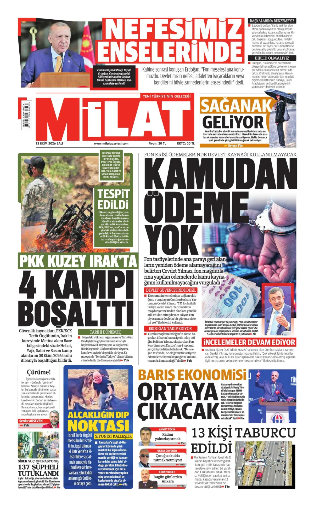 Milat birinci sayfa manşeti (14 Ekim 2026)