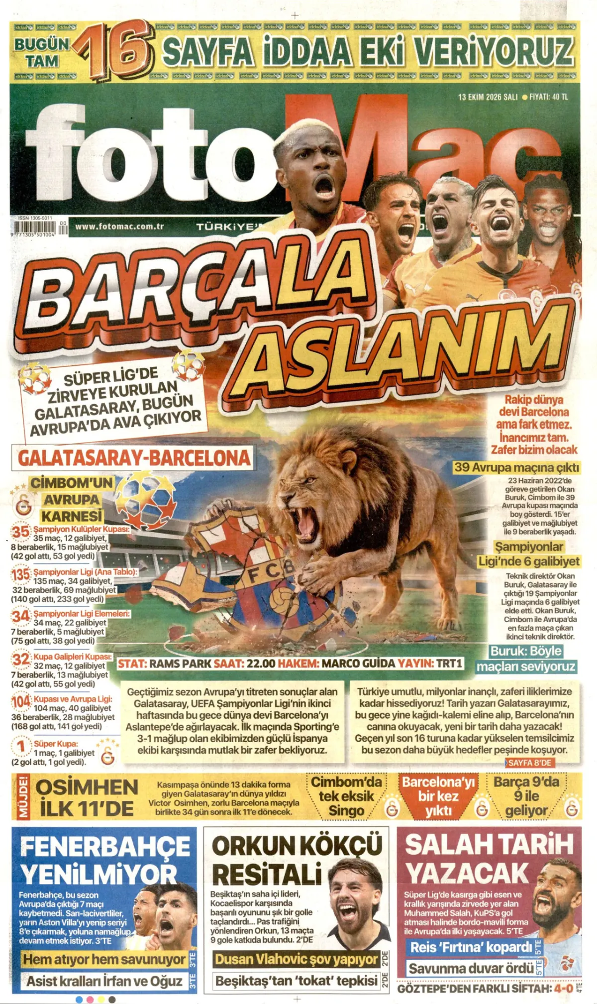 Fotomaç birinci sayfa manşeti (14 Ekim 2026)