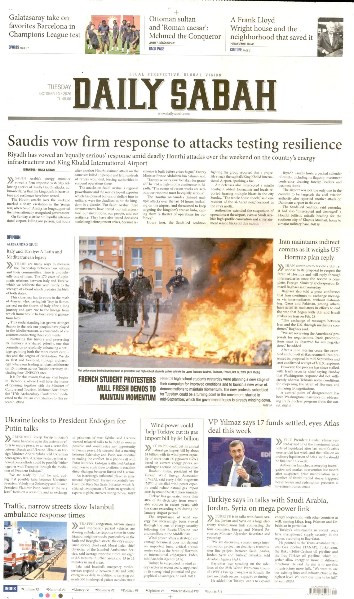 Daily Sabah birinci sayfa manşeti (14 Ekim 2026)