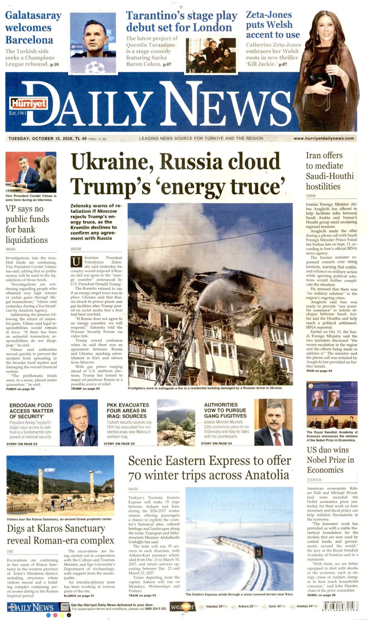 Hürriyet Daily News birinci sayfa manşeti (14 Ekim 2026)