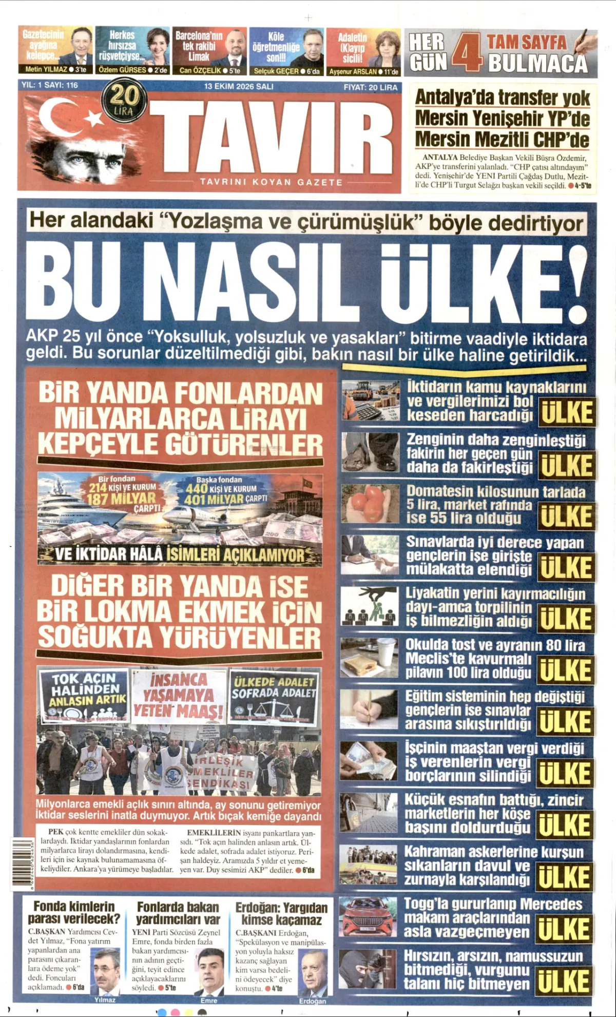Tavır birinci sayfa manşeti (14 Ekim 2026)