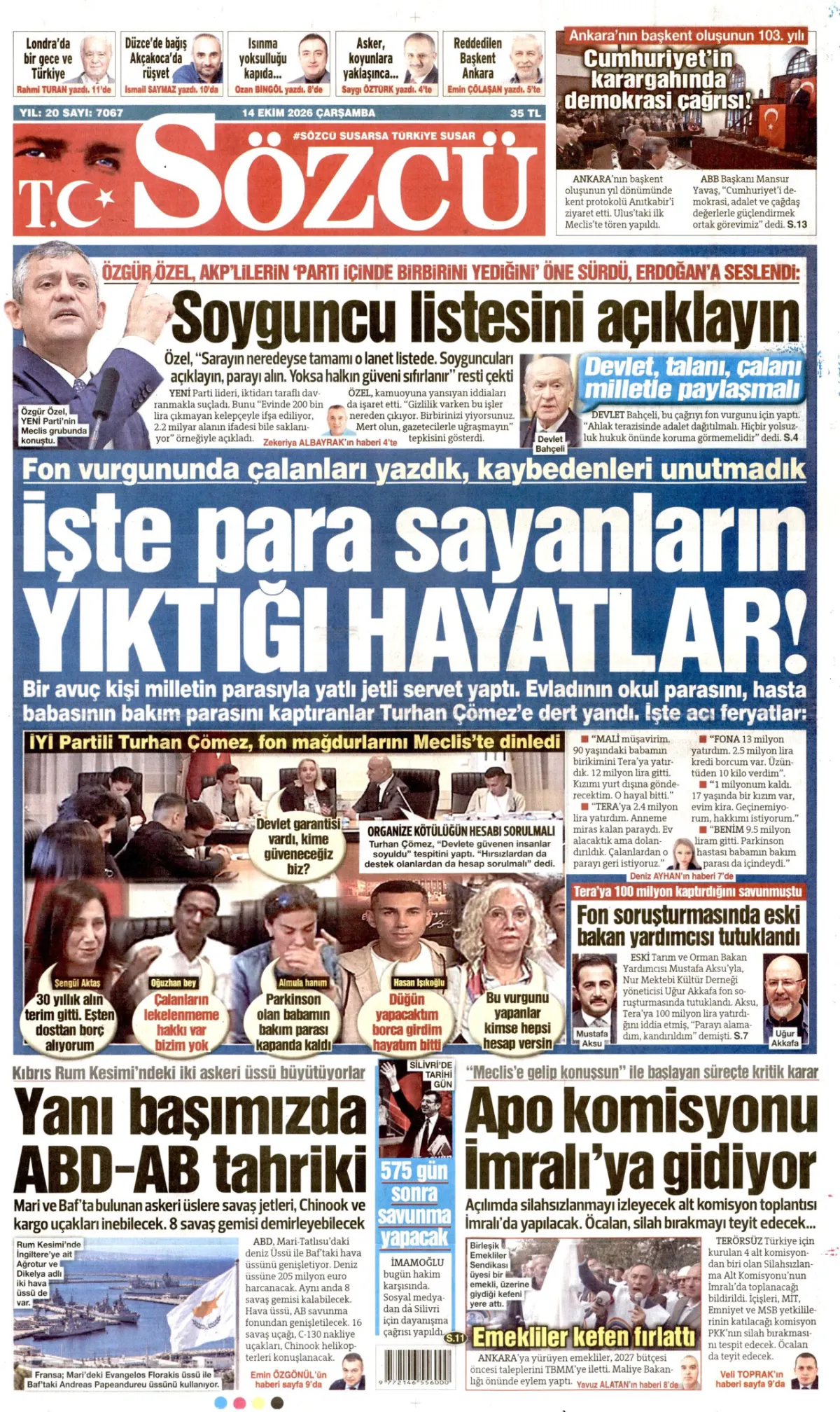 Sözcü birinci sayfa manşeti (14 Ekim 2026)