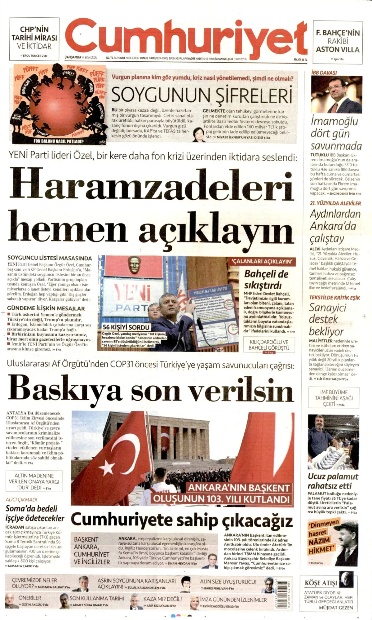 Cumhuriyet birinci sayfa manşeti (14 Ekim 2026)