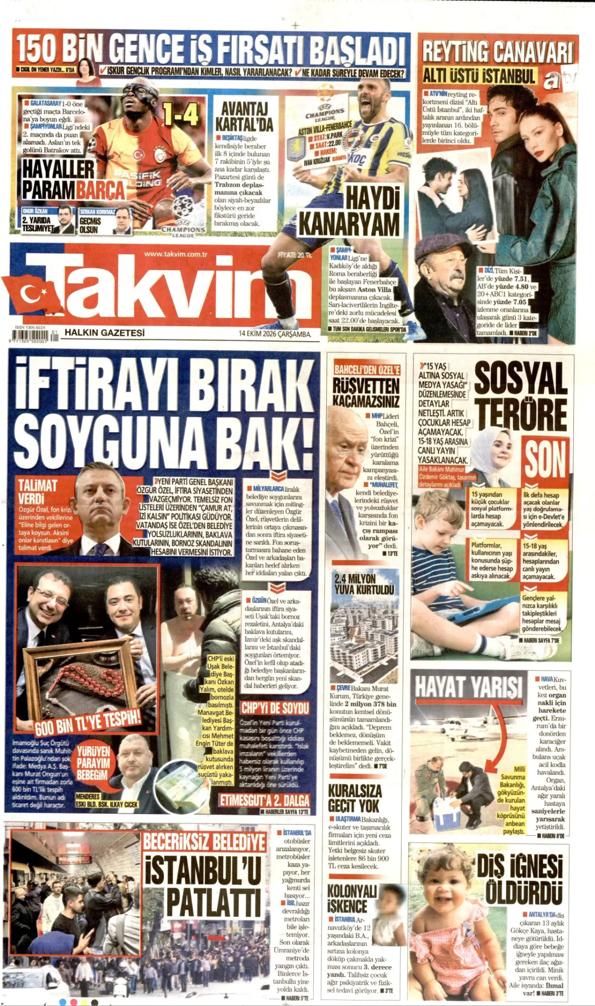 Takvim birinci sayfa manşeti (14 Ekim 2026)