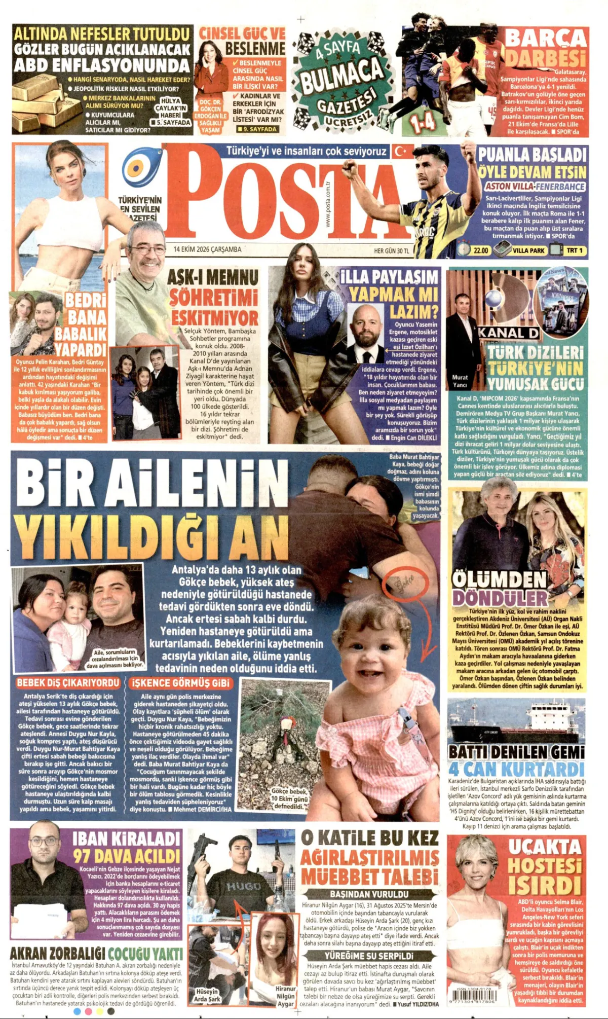 Posta birinci sayfa manşeti (14 Ekim 2026)
