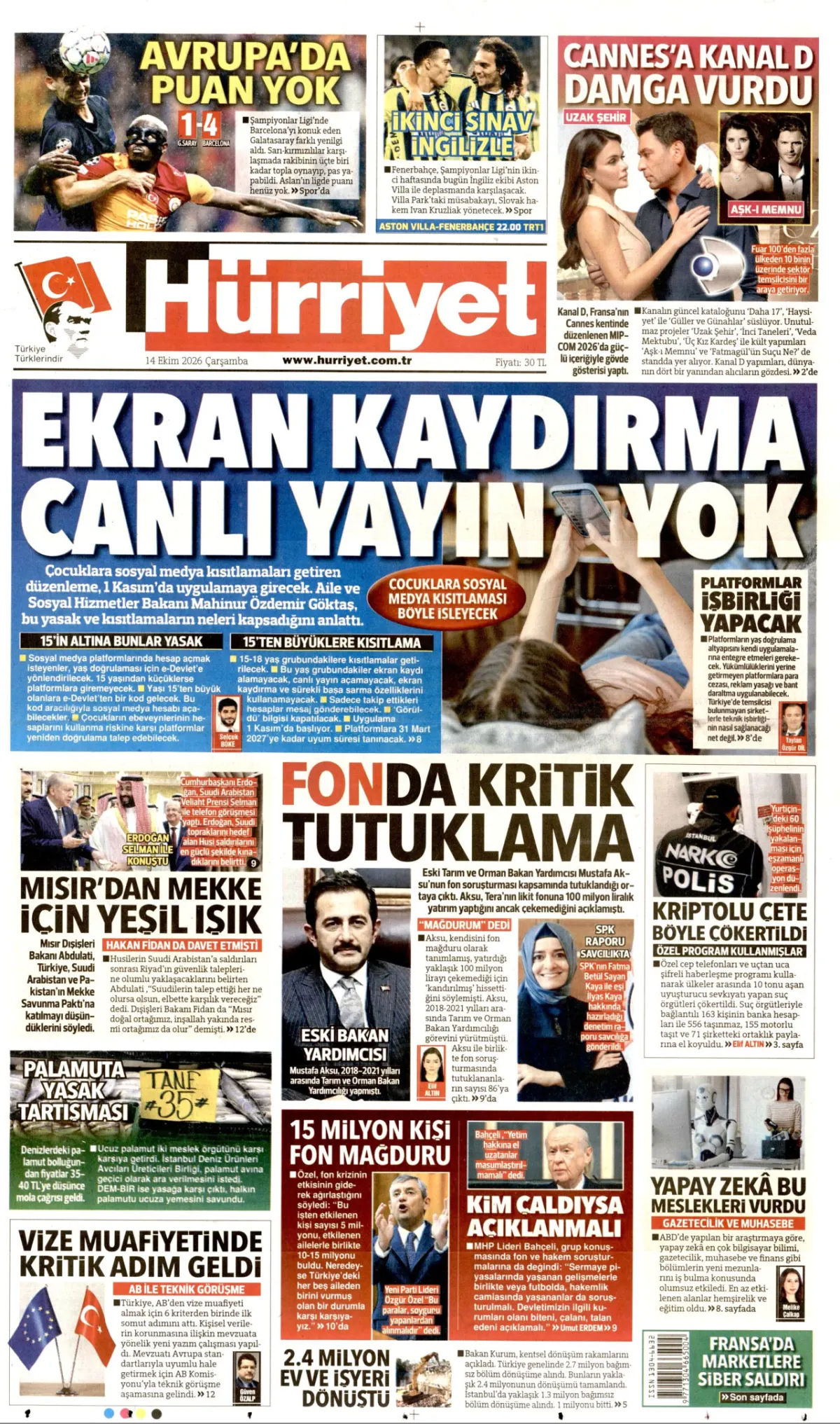 Hürriyet birinci sayfa manşeti (15 Ekim 2026)
