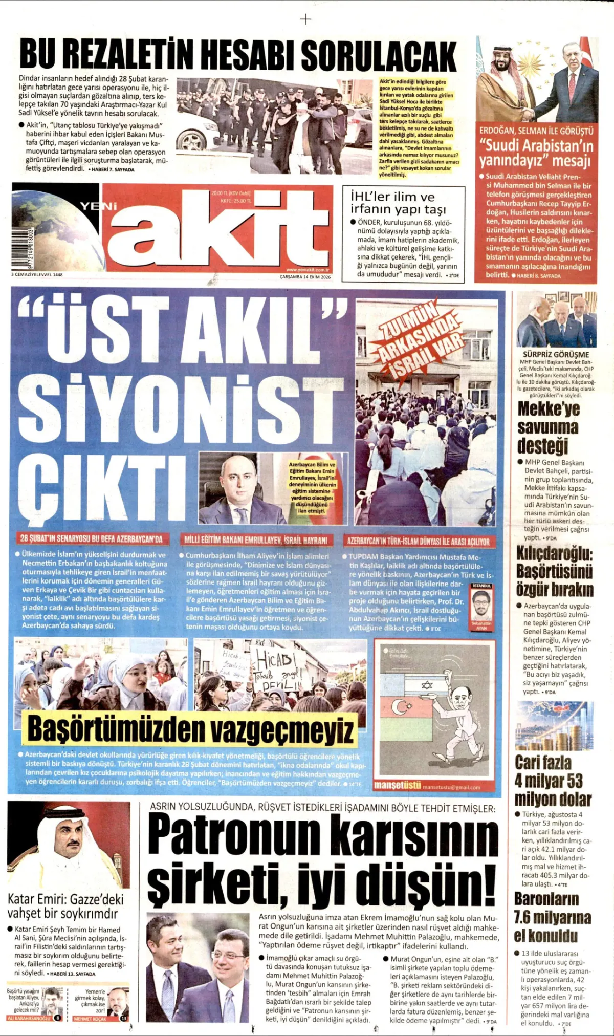 Yeni Akit birinci sayfa manşeti (15 Ekim 2026)