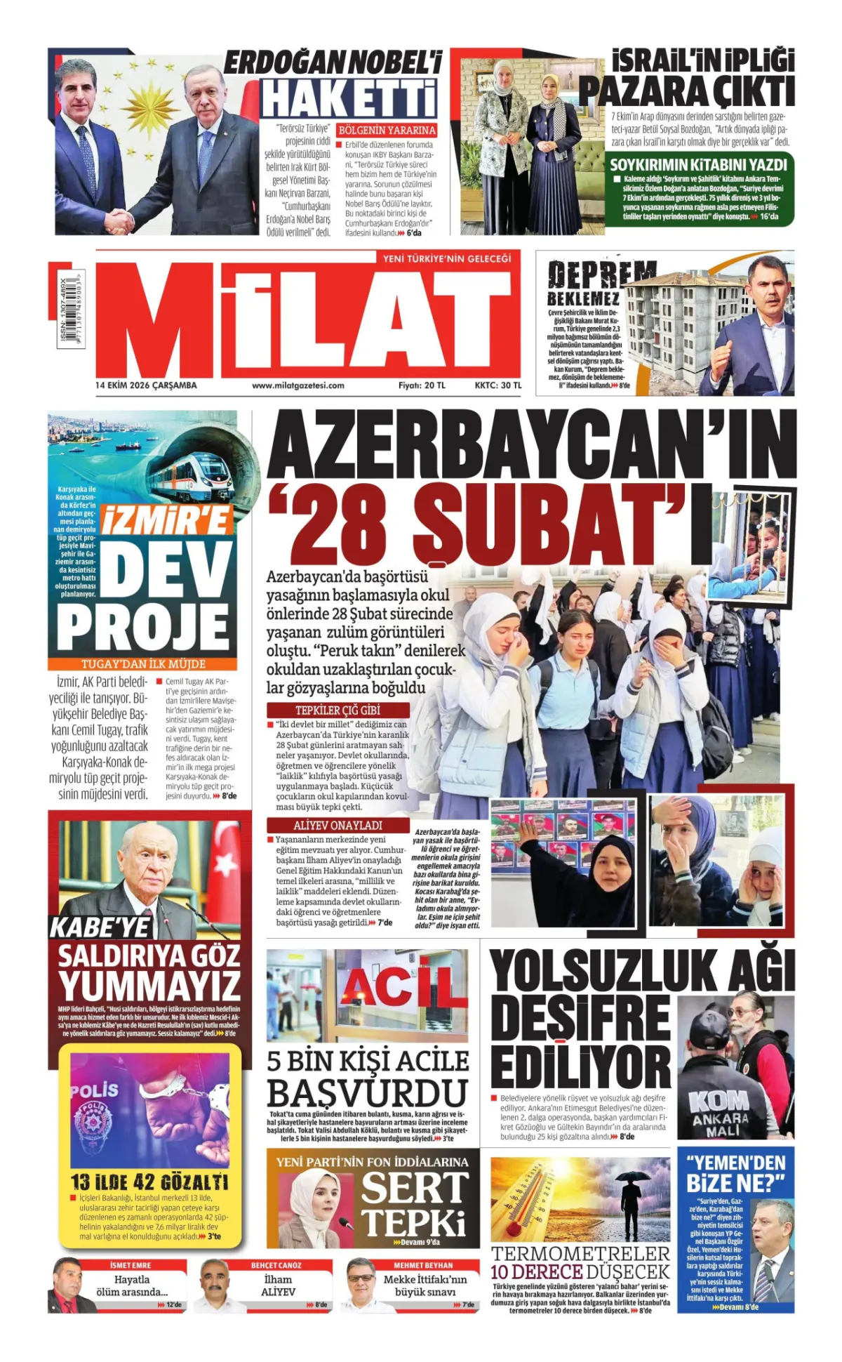 Milat birinci sayfa manşeti (15 Ekim 2026)