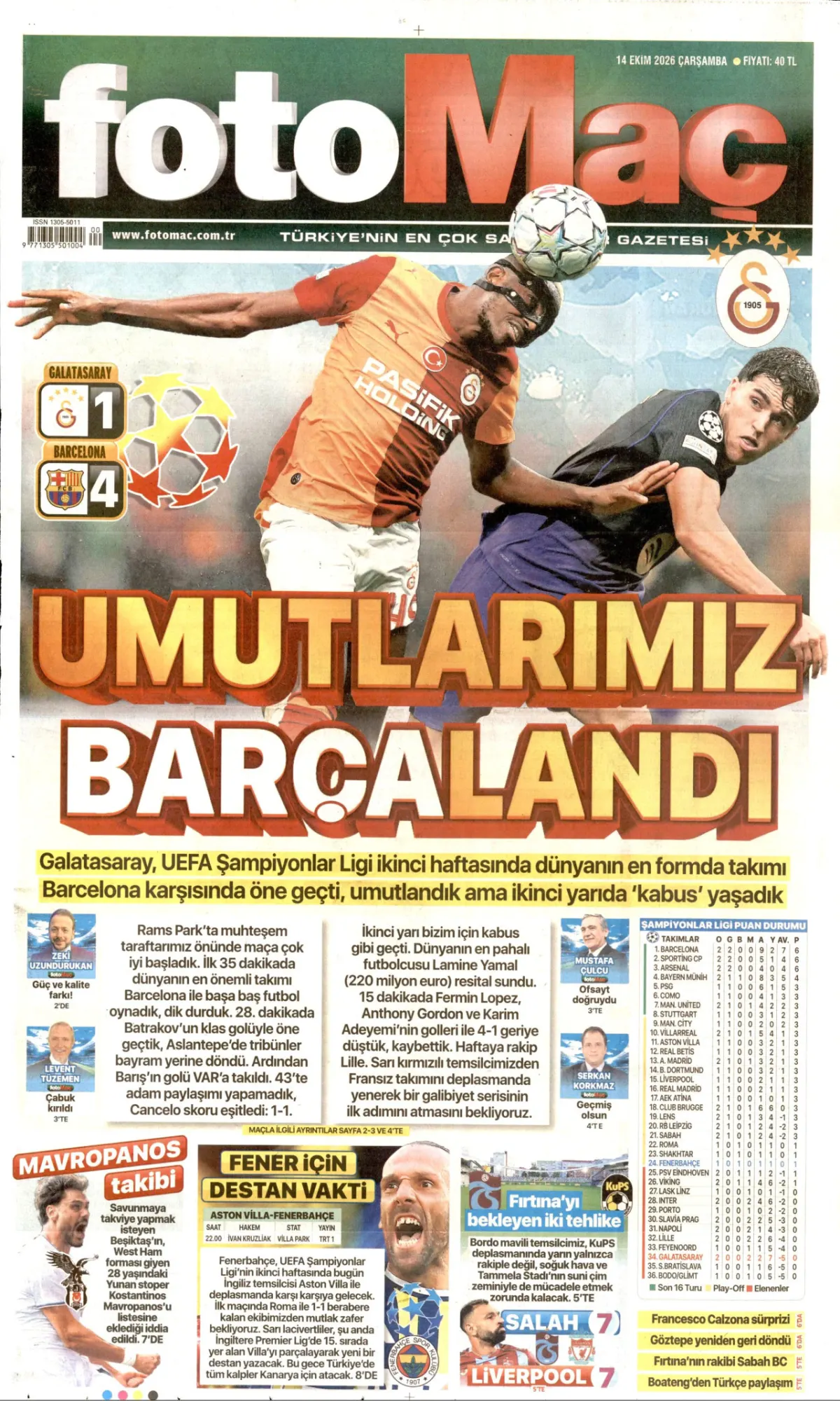 Fotomaç birinci sayfa manşeti (15 Ekim 2026)