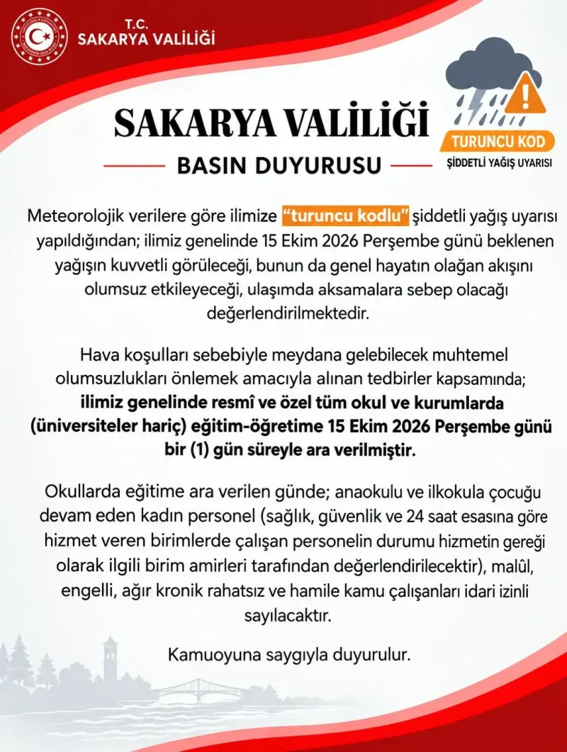 Sakarya’da Şiddetli Yağış Uyarısı Sonrasında Eğitime Bir Gün Ara Verildi