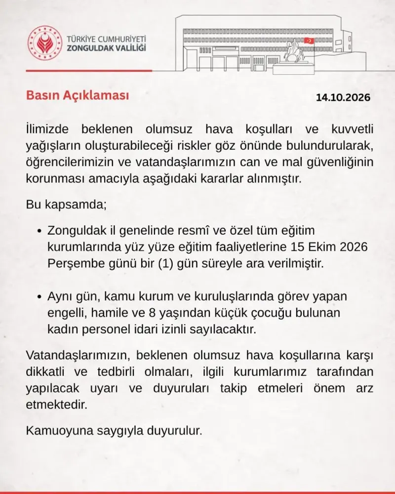 Zonguldak'ta Olumsuz Hava Şartları Sebebiyle Eğitime Ara Verildi