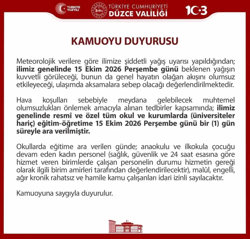 Düzce'de Şiddetli Yağış Nedeniyle Eğitime Bir Günlük Ara