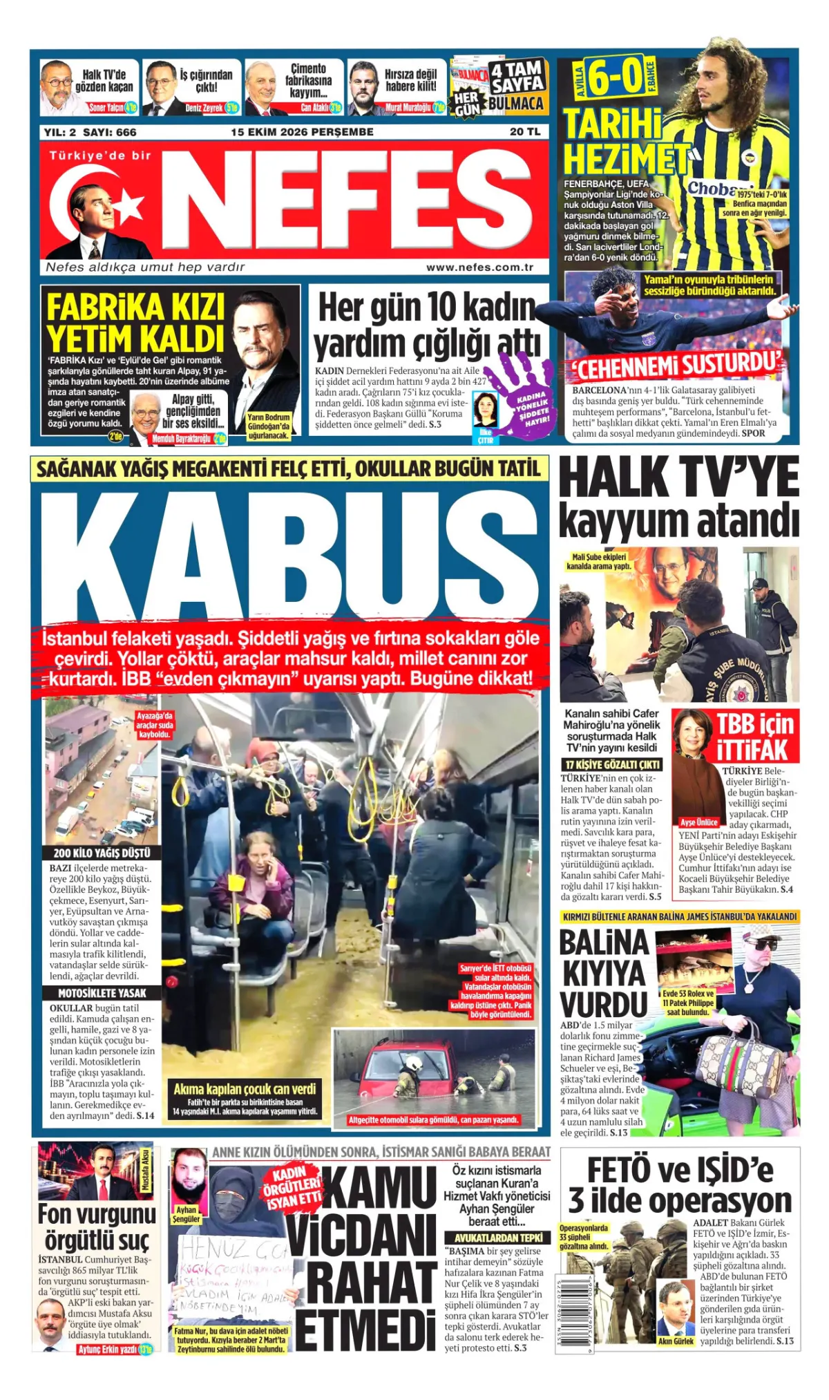 Nefes birinci sayfa manşeti (15 Ekim 2026)