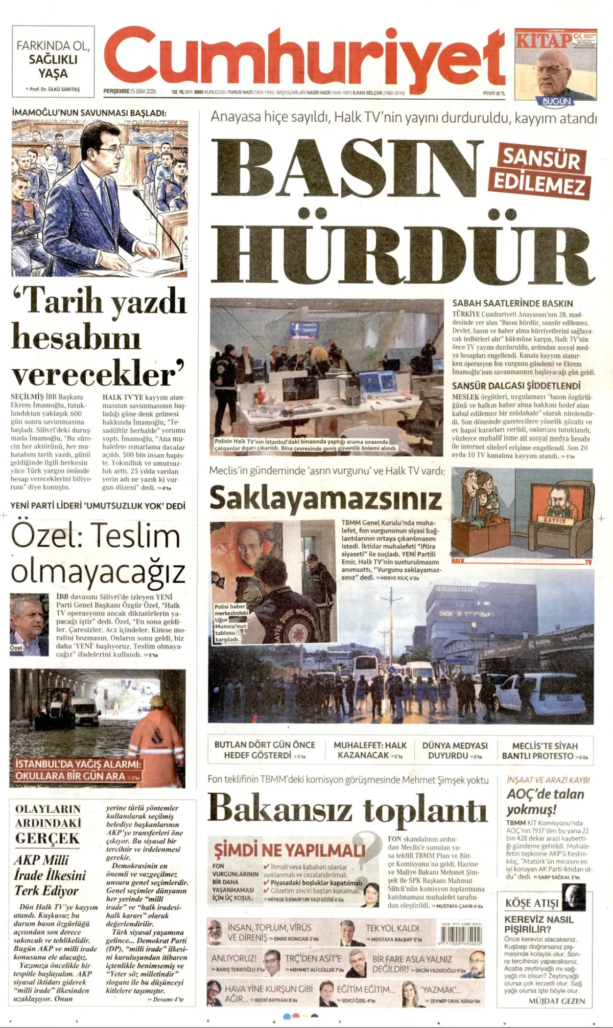 Cumhuriyet birinci sayfa manşeti (15 Ekim 2026)