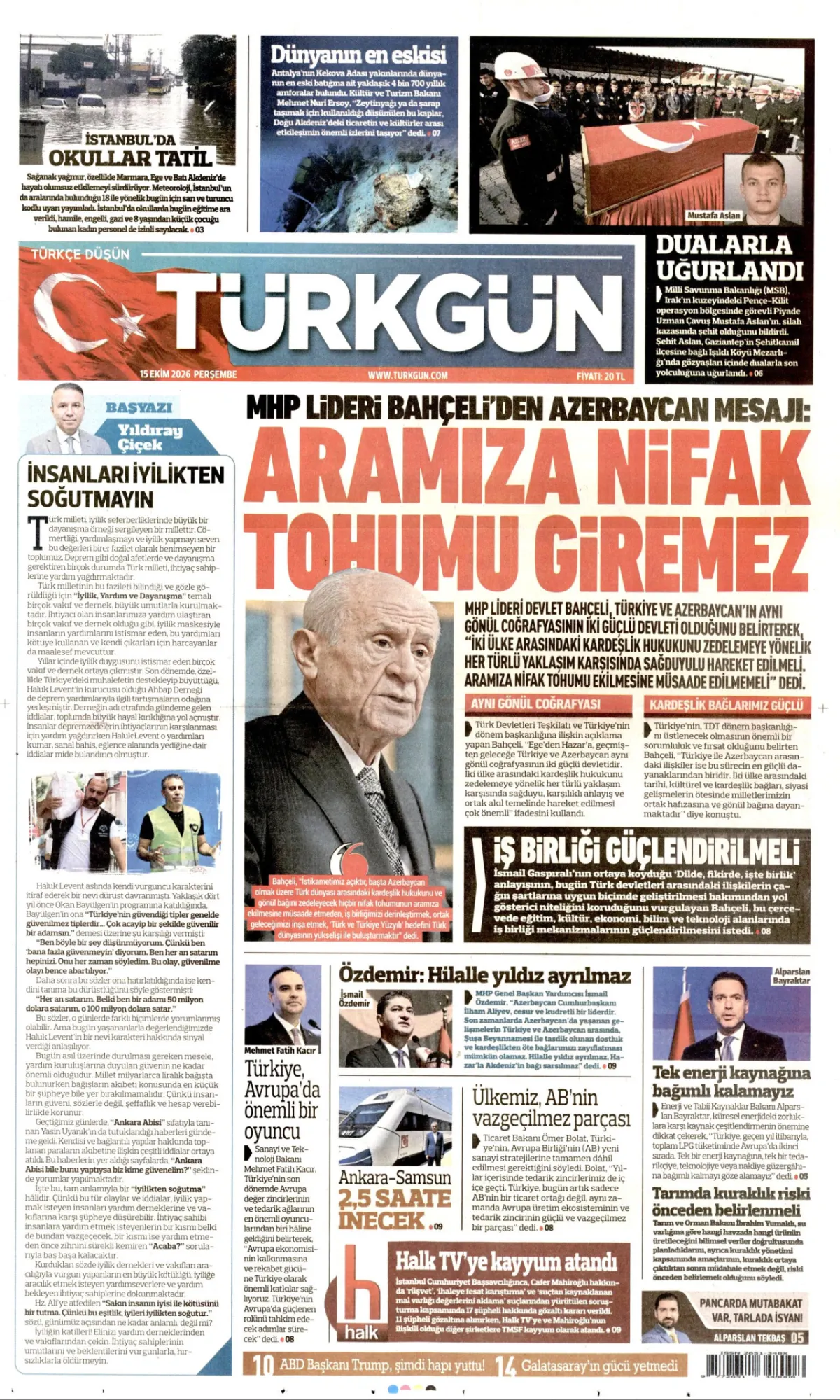 Türkgün birinci sayfa manşeti (15 Ekim 2026)