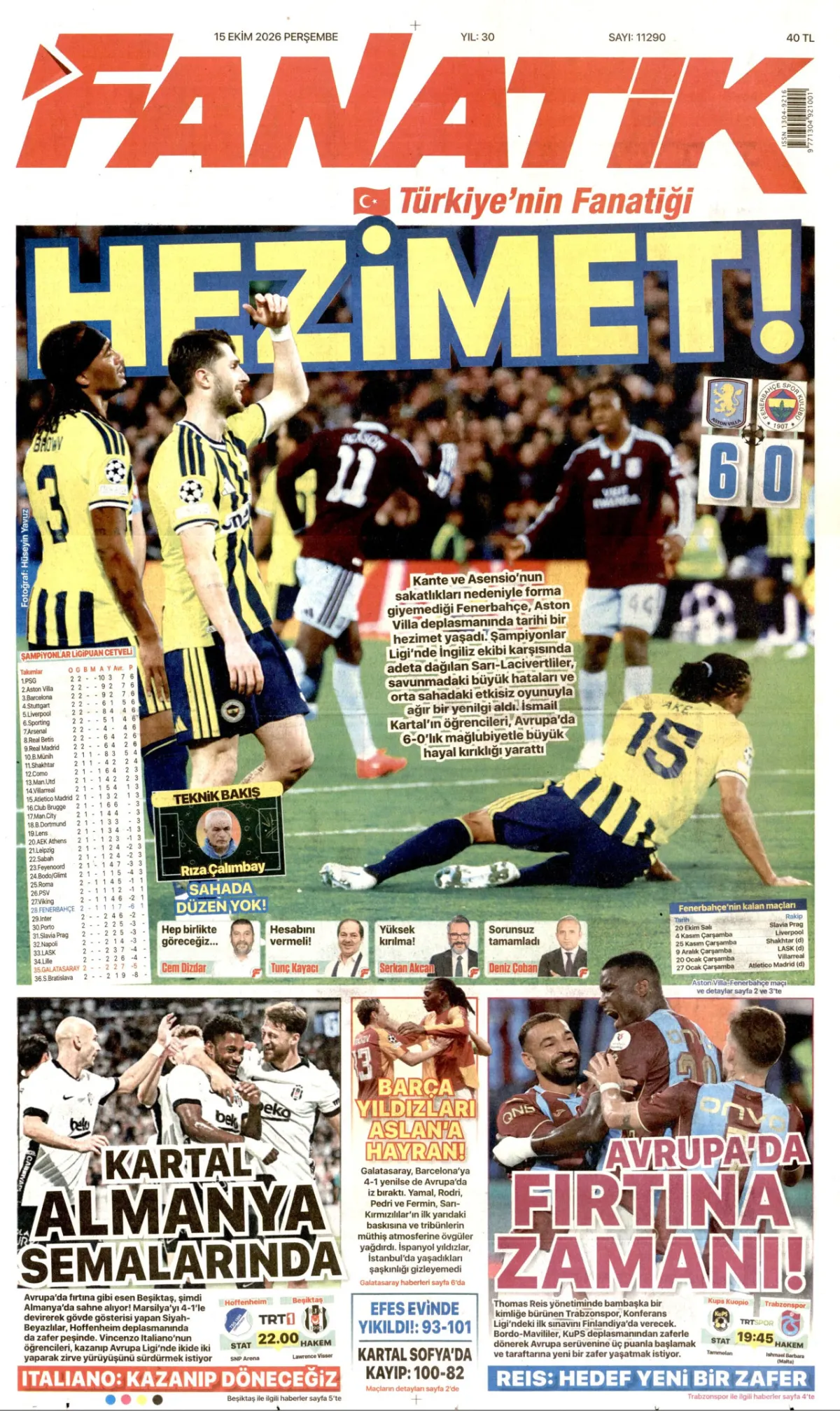 Fanatik birinci sayfa manşeti (15 Ekim 2026)