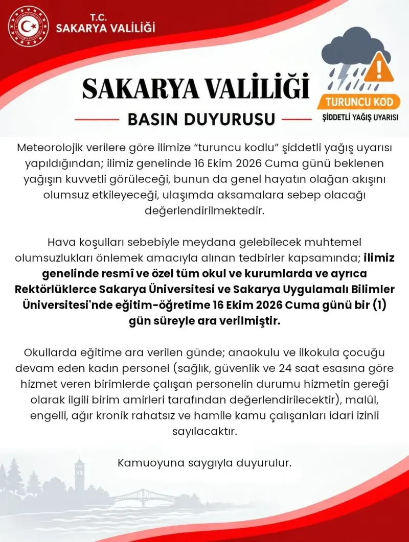 Sakarya'da Şiddetli Yağış Nedeniyle Eğitime Bir Gün Ara Verildi