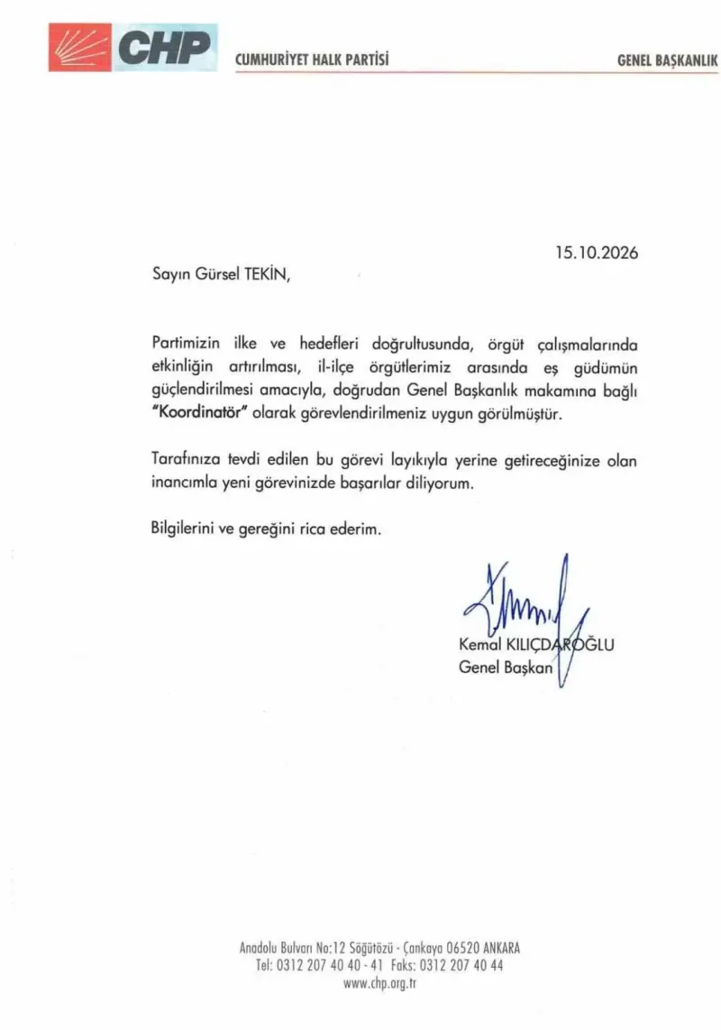 Gürsel Tekin, CHP Genel Başkanlık Makamına Bağlı Koordinatör Olarak Atandı