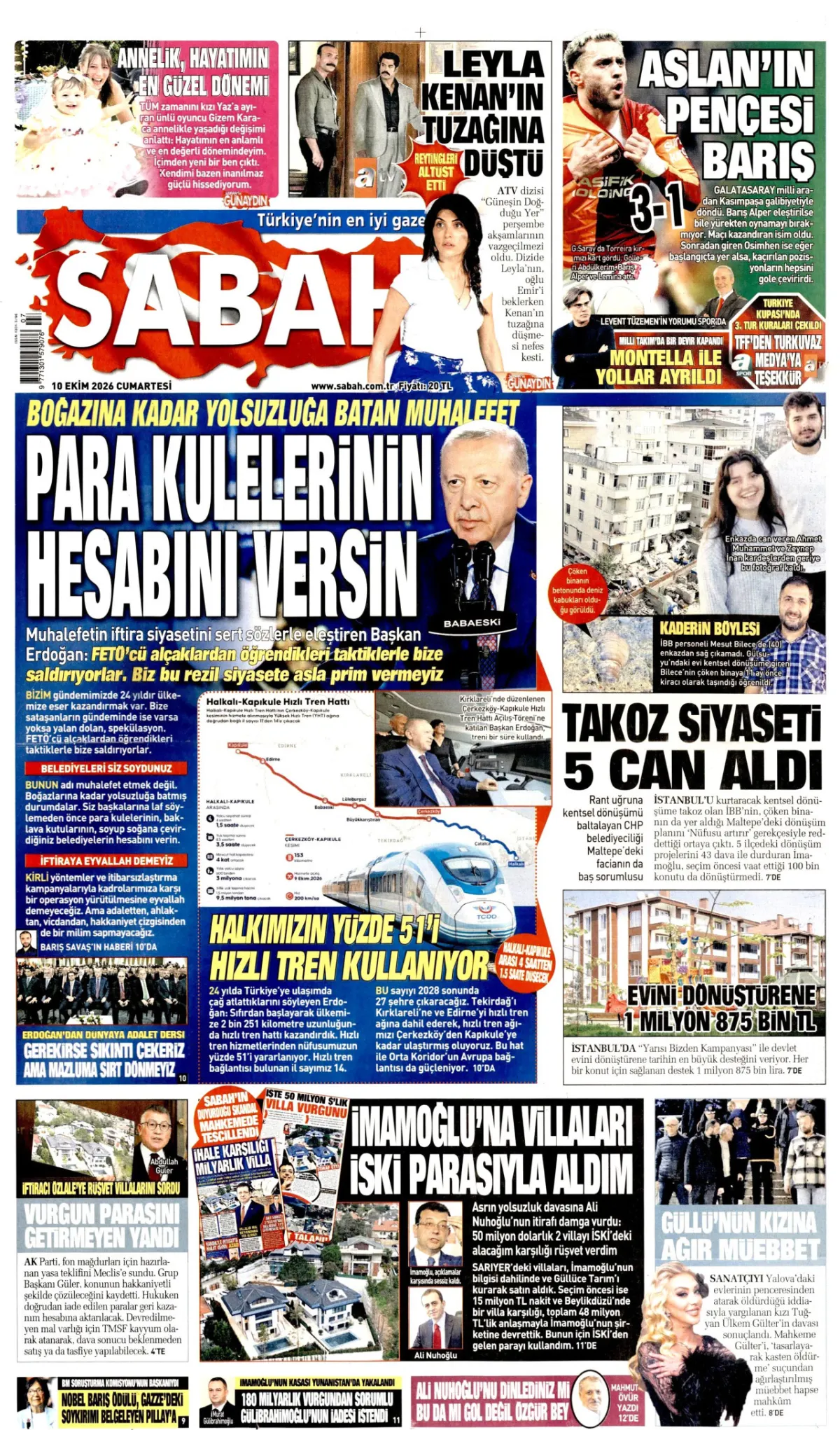 Sabah birinci sayfa manşeti (11 Ekim 2026)