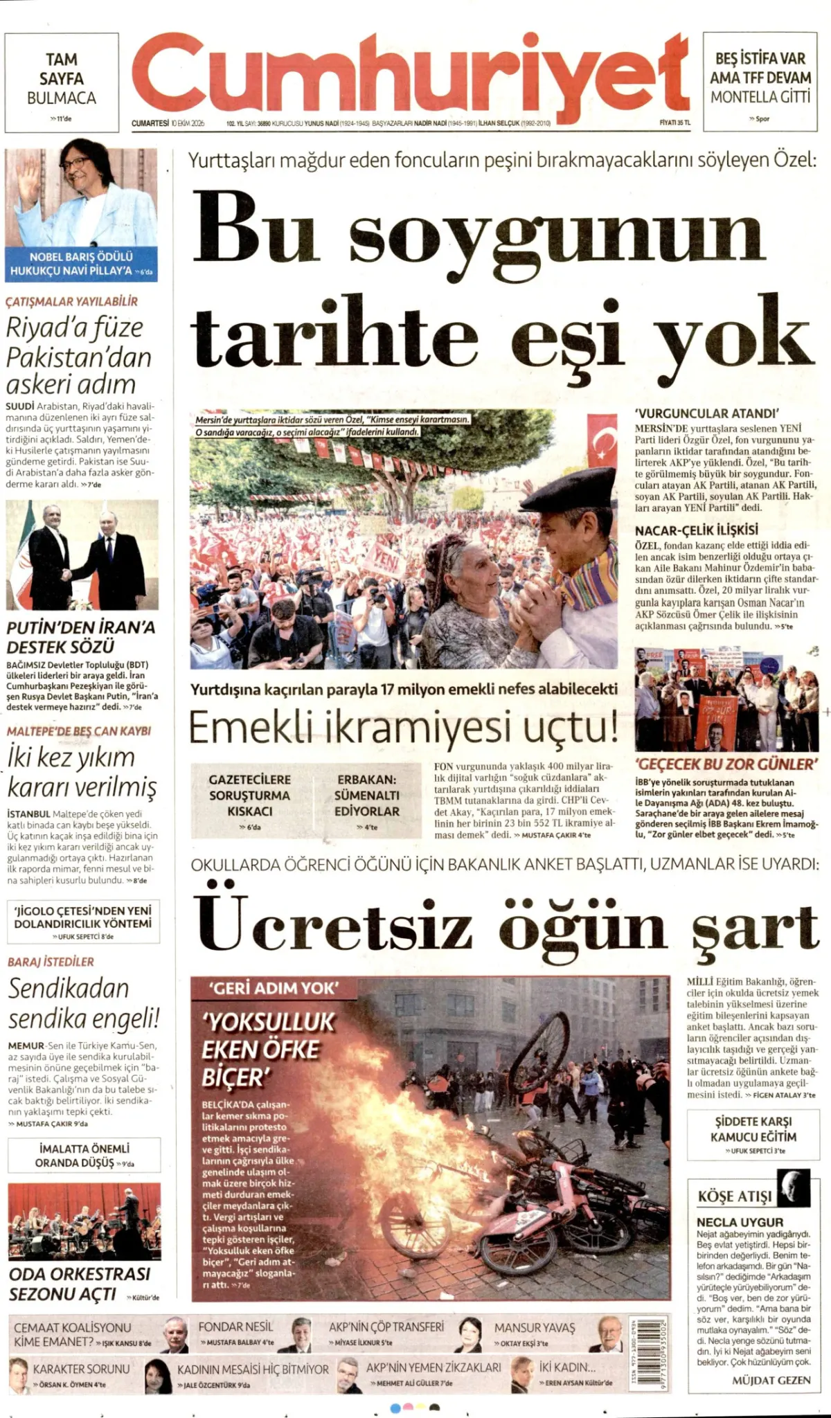 Cumhuriyet birinci sayfa manşeti (11 Ekim 2026)