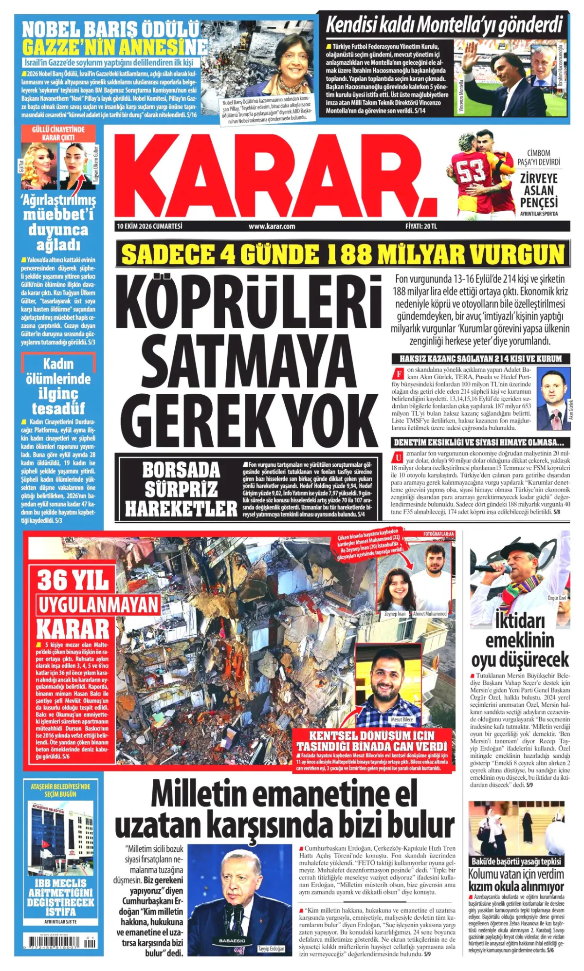 Karar birinci sayfa manşeti (11 Ekim 2026)