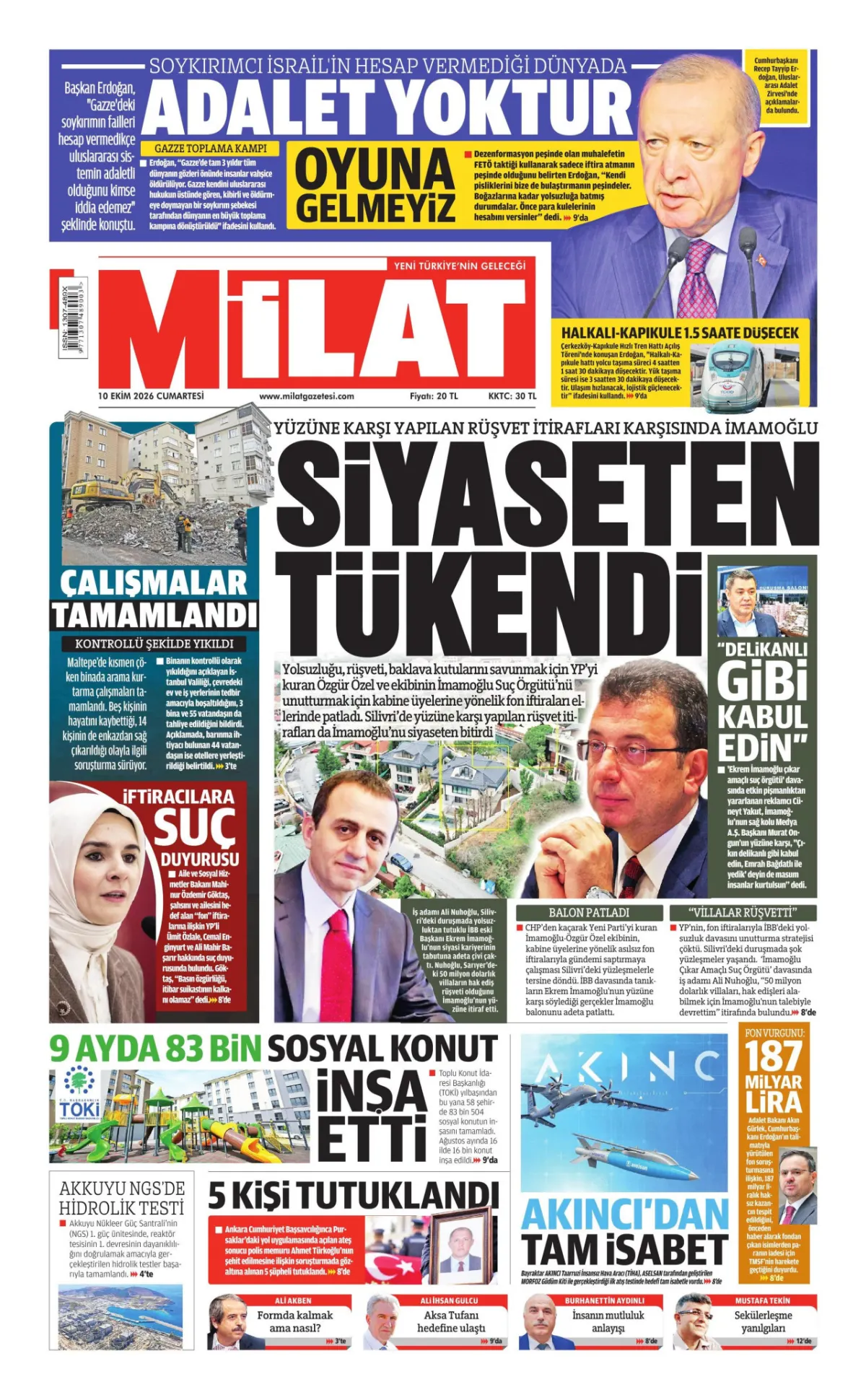 Milat birinci sayfa manşeti (11 Ekim 2026)
