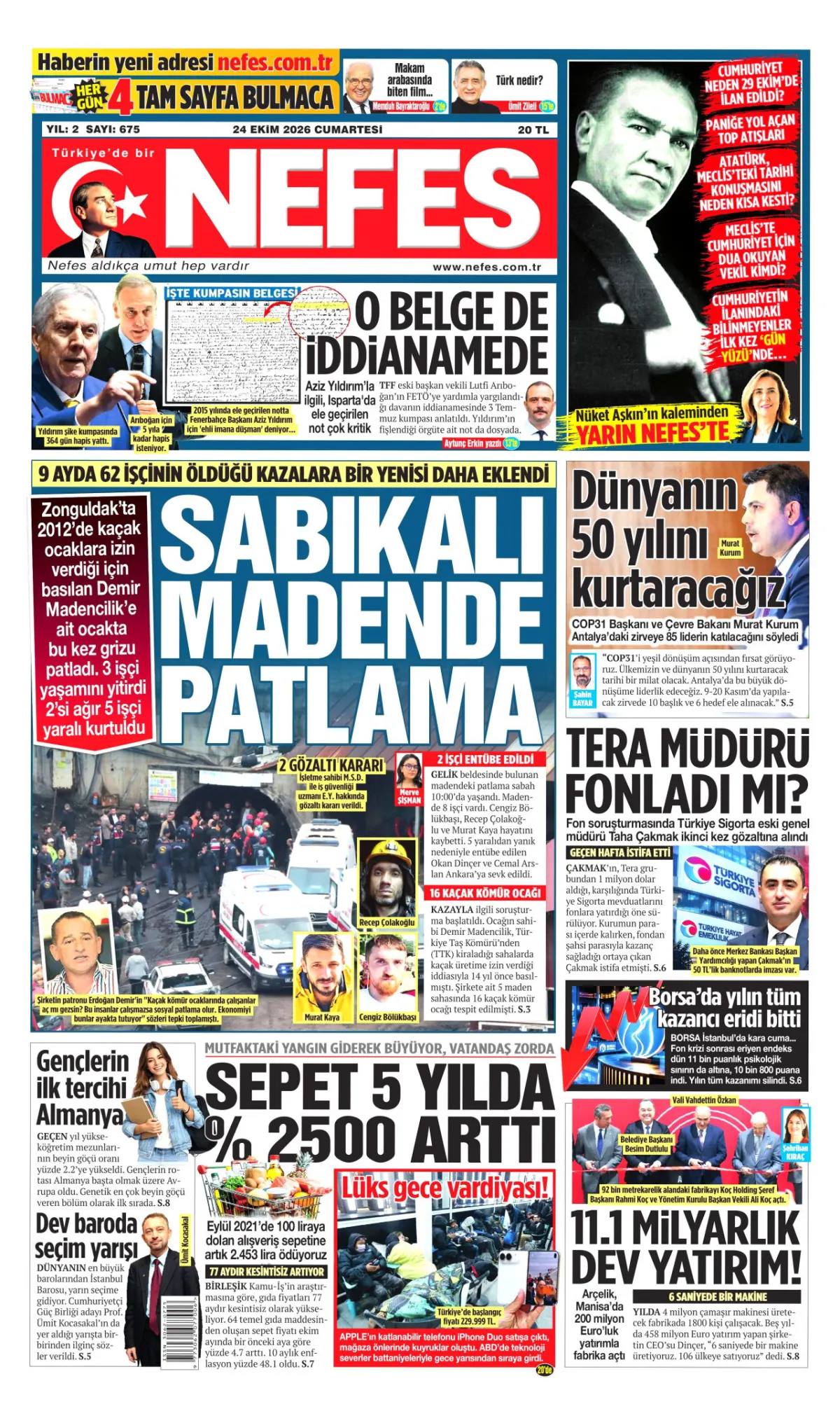 Nefes birinci sayfa manşeti (25 Ekim 2026)
