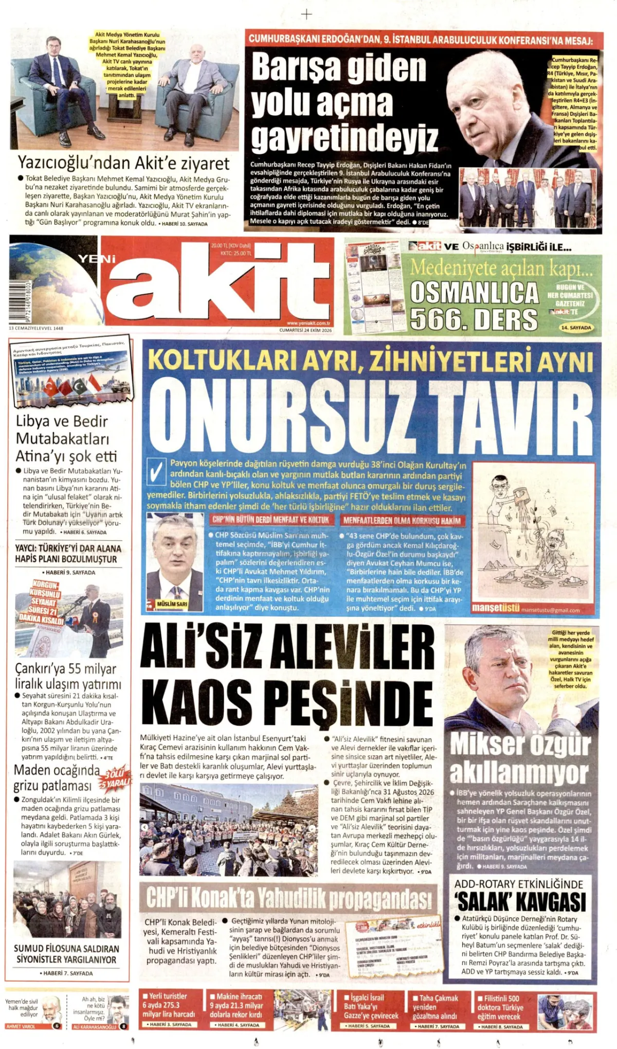 Yeni Akit birinci sayfa manşeti (25 Ekim 2026)