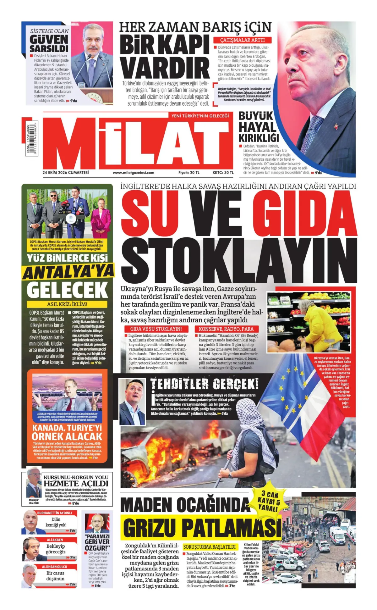 Milat birinci sayfa manşeti (25 Ekim 2026)