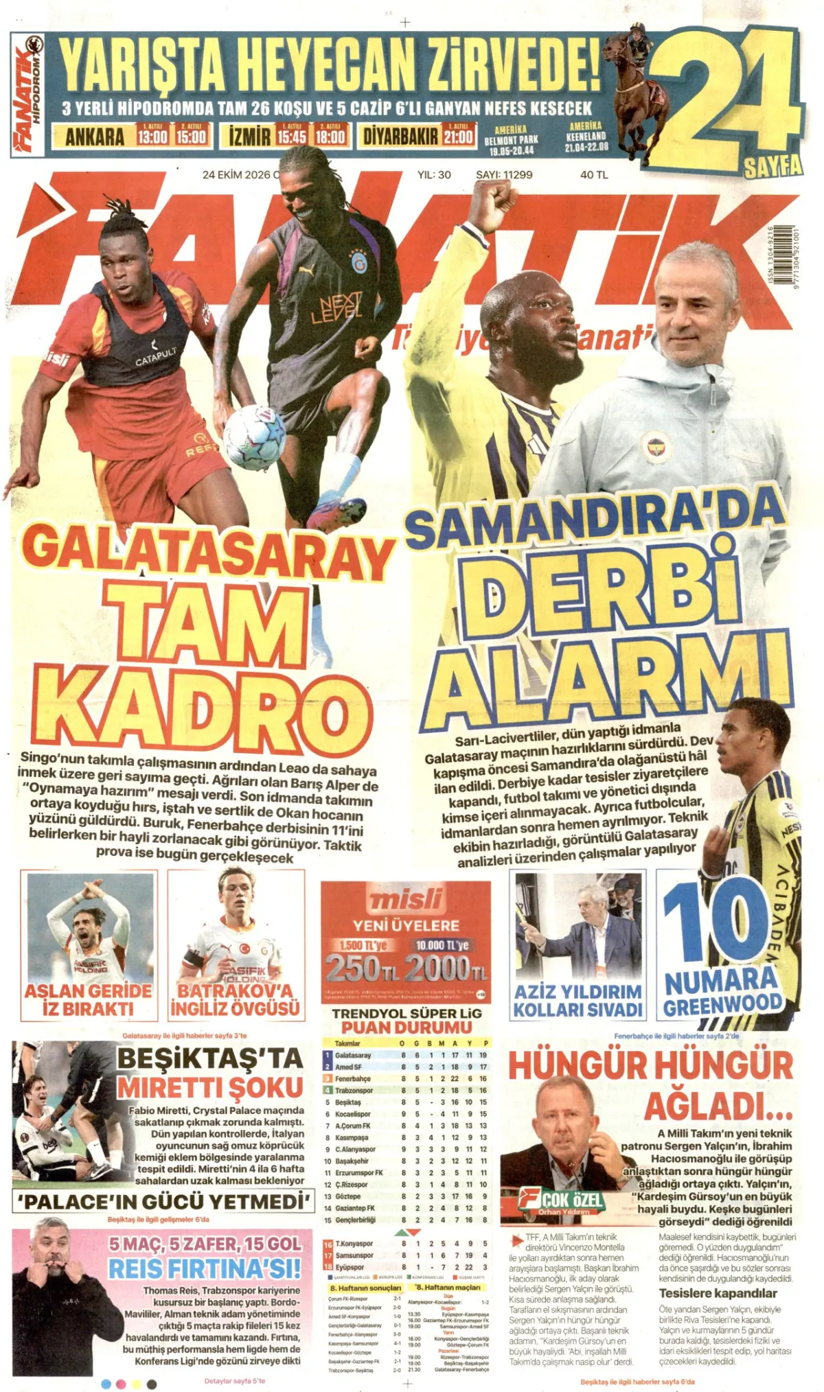 Fanatik birinci sayfa manşeti (25 Ekim 2026)