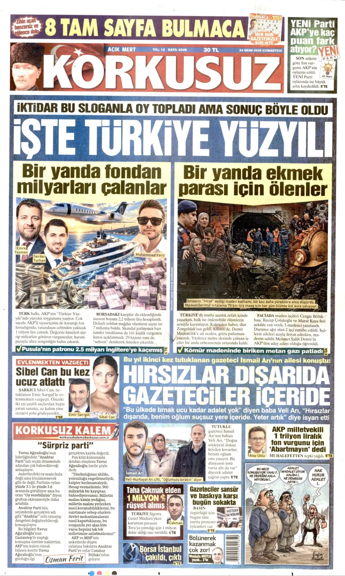 Korkusuz birinci sayfa manşeti (25 Ekim 2026)