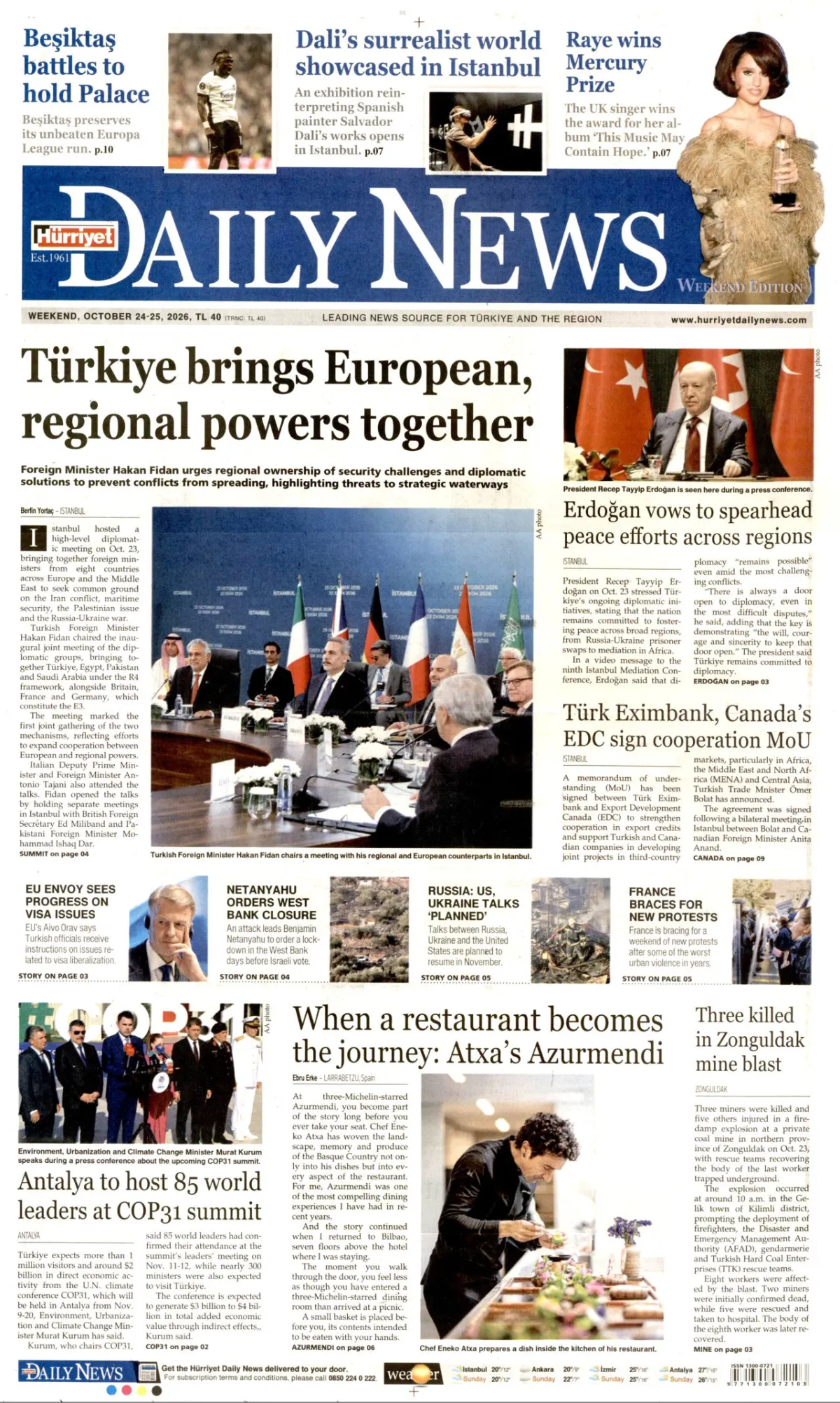 Hürriyet Daily News birinci sayfa manşeti (25 Ekim 2026)
