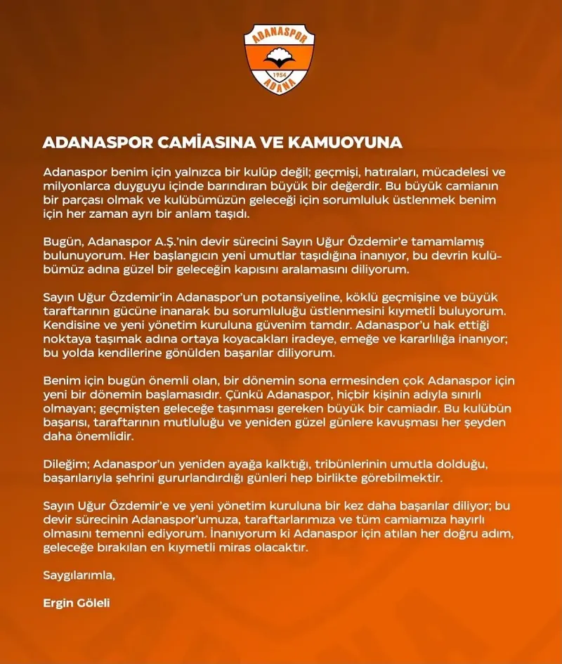 Adanaspor'da Başkanlık Koltuğu Değişti: Kulüp Uğur Özdemir'e Devredildi
