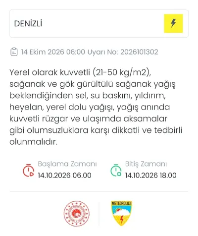 Meteorolojiden Denizli İçin Kritik Sağanak ve Fırtına Uyarısı
